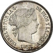 Spain 2 Reales KM# 607.1 Kingdom Decimal Coinage ISABEL 2A POR LA G DE DIOS Y LA CONST 1857 coin obverse Spain 2 Reales KM# 607.1 Kingdom Decimal Coinage ISABEL 2A POR LA G DE DIOS Y LA CONST 1857 coin obverse