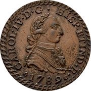 Spain 2 Reales (Carol IV bronze) 1789 CAROL IV D G HISP ET IND R coin obverse Spain 2 Reales (Carol IV bronze) 1789 CAROL IV D G HISP ET IND R coin obverse