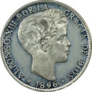 Spain 20 Centimos Alphonso XIII 1896 Proof X# 12 ALFONSO XIII POR LA GRACIA DE DIOS 1896 coin obverse Spain 20 Centimos Alphonso XIII 1896 Proof X# 12 ALFONSO XIII POR LA GRACIA DE DIOS 1896 coin obverse