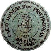 Spain 20 Centimos Ametlla de Mar 1937 CARTO MONEDA D'OS PROVISIONAS AMETLLA DE MAR 1937 coin reverse Spain 20 Centimos Ametlla de Mar 1937 CARTO MONEDA D'OS PROVISIONAS AMETLLA DE MAR 1937 coin reverse