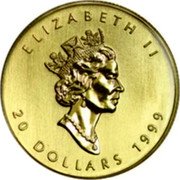 Canada 20 dollars 20th Anniversary Gold Maple Leaf Hologram 1999 In Sets only KM# 368 ELIZABETH II 20 DOLLARS 1999 coin obverse Canada 20 dollars 20th Anniversary Gold Maple Leaf Hologram 1999 In Sets only KM# 368 ELIZABETH II 20 DOLLARS 1999 coin obverse