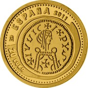 Spain 20 Euro Numismatic Treasures - Visigothic tremissis, King Leovigild 2011 KM# 1251 ESPAÑA 2011 M 20 EURO IVUIC I PYSID coin obverse Spain 20 Euro Numismatic Treasures - Visigothic tremissis, King Leovigild 2011 KM# 1251 ESPAÑA 2011 M 20 EURO IVUIC I PYSID coin obverse
