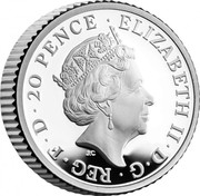 UK 20 Pence Britannia and the Lion 2021 Six-coin Proof set ELIZABETH II D G REG F D 20 PENCE JC coin obverse UK 20 Pence Britannia and the Lion 2021 Six-coin Proof set ELIZABETH II D G REG F D 20 PENCE JC coin obverse