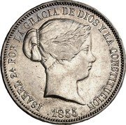 Spain 20 Reales (Isabel II) ISABEL 2A. POR LA GRACIA DE DIOS Y LA CONSTITUCION .1855. coin obverse Spain 20 Reales (Isabel II) ISABEL 2A. POR LA GRACIA DE DIOS Y LA CONSTITUCION .1855. coin obverse