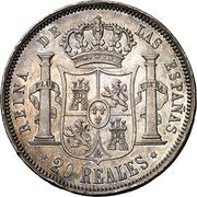 Spain 20 Reales (Isabel II) REINA DE LAS ESPAÑAS PLUS ULTRA 20 REALES coin reverse Spain 20 Reales (Isabel II) REINA DE LAS ESPAÑAS PLUS ULTRA 20 REALES coin reverse