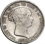 Spain 20 Reales (Isabel II) KM# 592.1 ISABEL 2A. POR LA GRACIA DE DIOS Y LA CONSTITUCION 1850 coin obverse Spain 20 Reales (Isabel II) KM# 592.1 ISABEL 2A. POR LA GRACIA DE DIOS Y LA CONSTITUCION 1850 coin obverse