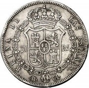 Spain 20 Reales (Isabel II) KM# 592.1 REINA DE LAS ESPAÑAS 20 RS. M C L coin reverse Spain 20 Reales (Isabel II) KM# 592.1 REINA DE LAS ESPAÑAS 20 RS. M C L coin reverse