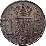 Spain 20 Rs KM# 563.2 Milled Real Coinage REY DE LAS ESPANAS 20 RS B SP coin reverse Spain 20 Rs KM# 563.2 Milled Real Coinage REY DE LAS ESPANAS 20 RS B SP coin reverse