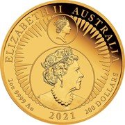 Australia 200 dollars 35th Anniversary of the Australian Kangaroo Nugget 2021 P ELIZABETH II AUSTRALIA 2 OZ 9999 AU 2021 200 DOLLARS coin obverse Australia 200 dollars 35th Anniversary of the Australian Kangaroo Nugget 2021 P ELIZABETH II AUSTRALIA 2 OZ 9999 AU 2021 200 DOLLARS coin obverse
