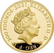 UK 200 Pounds 95th Anniversary of Queen Elizabeth II 2021 Proof ELIZABETH II D G REG F D 200 POUNDS 2021 JC coin obverse UK 200 Pounds 95th Anniversary of Queen Elizabeth II 2021 Proof ELIZABETH II D G REG F D 200 POUNDS 2021 JC coin obverse