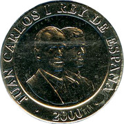 Spain 200 Ptas Juan Carlos I and son 2000 ♔M KM# 992a ESPAÑA 2000 200 PTAS coin obverse