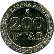 Spain 200 Ptas Juan Carlos I and son 2000 ♔M KM# 992a JUAN CARLOS I REY DE ESPAÑA coin reverse