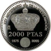 Spain 2000 Pesetas 25th Anniversary of Juan Carlos I Proclamation 2000  XXV ANIVERSARIO DE LA PROCLAMACIÓN M 2000 PTAS 1975 2000 coin reverse