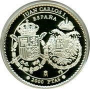 Spain 2000 Pesetas Charles V (Dos Sicilias) 2000 M Proof JUAN CARLOS I ESPAÑA M 2000 PTAS coin obverse