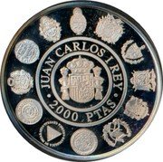 Spain 2000 Pesetas (Flamenco) JUAN CARLOS I REY 2000 PTAS coin obverse Spain 2000 Pesetas (Flamenco) JUAN CARLOS I REY 2000 PTAS coin obverse