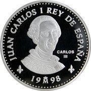 Spain 2000 Pesetas (III Centenary of the House of Bourbon) 1998 CARLOS III JUAN CARLOS I REY DE ESPAÑA M coin obverse Spain 2000 Pesetas (III Centenary of the House of Bourbon) 1998 CARLOS III JUAN CARLOS I REY DE ESPAÑA M coin obverse