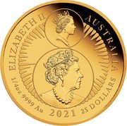 Australia 25 Dollars 35th Anniversary of the Australian Kangaroo Nugget 2021 P ELIZABETH II AUSTRALIA 1/4 OZ 9999 AU 2021 25 DOLLARS coin obverse Australia 25 Dollars 35th Anniversary of the Australian Kangaroo Nugget 2021 P ELIZABETH II AUSTRALIA 1/4 OZ 9999 AU 2021 25 DOLLARS coin obverse