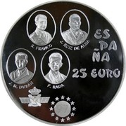 Spain 25 Euro Tribute to the National Aviation 1997 ♔M X# ME55 ESPAÑA 25 EURO R FRANCO J RUIZ DE ALDA P RADA J M DURAN coin obverse