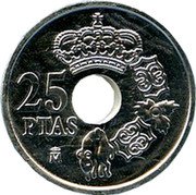Spain 25 Pesetas Juan Carlos I 2001 KM# 1013a 25 PTAS M coin reverse Spain 25 Pesetas Juan Carlos I 2001 KM# 1013a 25 PTAS M coin reverse