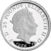 UK 25 Pounds Britannia and the Lion 2021 ELIZABETH II D G REG F D 25 POUNDS JC coin obverse UK 25 Pounds Britannia and the Lion 2021 ELIZABETH II D G REG F D 25 POUNDS JC coin obverse