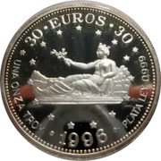 Spain 30 Euros Kingdom of Spain 1996 Proof 30 EUROS 30 UNA ONZA TROY PLATA LEY O,999 1996 coin obverse Spain 30 Euros Kingdom of Spain 1996 Proof 30 EUROS 30 UNA ONZA TROY PLATA LEY O,999 1996 coin obverse