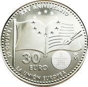 Spain 30 Euro XXV Anniversary of the Signing of the Treaty on the European Union 2017 M XXV ANIVERSARIO TRATADO DE LA UNIÓN EUROPEA 30 EURO coin reverse