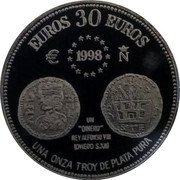 Spain 30 Euros (Principado De Asturias) 1998 EUROS 30 EUROS UNA ONZA TROY DE PLATA PURA coin obverse Spain 30 Euros (Principado De Asturias) 1998 EUROS 30 EUROS UNA ONZA TROY DE PLATA PURA coin obverse