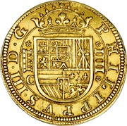 Spain 4 Escudos (Felipe III Segovia) KM# 31 PHILIPPVS III D G IIII C coin obverse Spain 4 Escudos (Felipe III Segovia) KM# 31 PHILIPPVS III D G IIII C coin obverse