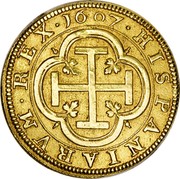 Spain 4 Escudos (Felipe III Segovia) KM# 31 HISPANIARVM REX 1607 coin reverse Spain 4 Escudos (Felipe III Segovia) KM# 31 HISPANIARVM REX 1607 coin reverse