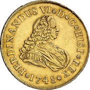 Spain 4 Escudos (Fernando VI) KM# 375.1 FERDINANDUS VI D G HISPAN REX 1748 coin obverse Spain 4 Escudos (Fernando VI) KM# 375.1 FERDINANDUS VI D G HISPAN REX 1748 coin obverse
