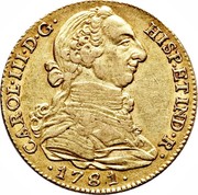 Spain 4 Escudos (Carlos III) KM# 418.1 CAROL III D G HISPAN ET IND R 1781 coin obverse Spain 4 Escudos (Carlos III) KM# 418.1 CAROL III D G HISPAN ET IND R 1781 coin obverse