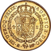 Spain 4 S KM# 436.2 Milled Real Coinage IN UTROQ FELIX AUSPICE DEO M MF 4 S coin reverse Spain 4 S KM# 436.2 Milled Real Coinage IN UTROQ FELIX AUSPICE DEO M MF 4 S coin reverse
