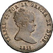 Spain 4 Maravedis (Isabel II) KM# 511.1 ISABEL 2A POR LA GRACIA DE DIOS 1836 coin obverse Spain 4 Maravedis (Isabel II) KM# 511.1 ISABEL 2A POR LA GRACIA DE DIOS 1836 coin obverse