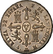 Spain 4 Maravedis (Isabel II) KM# 511.1 REYNA DE ESPAÑA Y DE LAS INDIAS 4 M coin reverse Spain 4 Maravedis (Isabel II) KM# 511.1 REYNA DE ESPAÑA Y DE LAS INDIAS 4 M coin reverse
