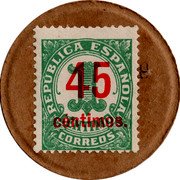 Spain 45 Centimos (One Green Centimo) REPÚBLICA ESPAÑOLA 1 CÉNTIMO CORREOS 45 CÉNTIMOS. coin obverse