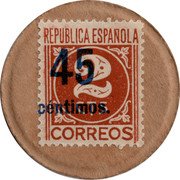 Spain 45 Centimos (Two Brown Centimos) REPÚBLICA ESPAÑOLA 2 CTS CORREOS 45 CÉNTIMOS. coin obverse