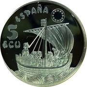Spain 5 ECU Homage to the Navy - Coca de Mataro 1996 ♔M X# M17 5 ECU ESPAÑA coin obverse Spain 5 ECU Homage to the Navy - Coca de Mataro 1996 ♔M X# M17 5 ECU ESPAÑA coin obverse
