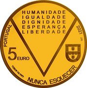 Portugal 5 Euro (Aristides de Sousa Mendes- Never Forget) HUMANIDADE IGUALDADE DIGNIDADE ESPERANÇA LIBERDADE PORTUGAL 2021 5 EURO NUNCA ESQUECER coin obverse