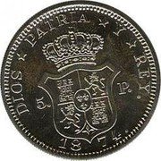 Spain 5 P. (Carolus VII) X# PT3b DIOS PATRIA REY 5 P 1874 coin reverse Spain 5 P. (Carolus VII) X# PT3b DIOS PATRIA REY 5 P 1874 coin reverse