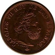 Spain 5 Pesetas Carlos III 1874 X# TS1 CAROLUS VII REY DE LAS ESPAÑA coin obverse Spain 5 Pesetas Carlos III 1874 X# TS1 CAROLUS VII REY DE LAS ESPAÑA coin obverse