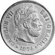Spain 5 Pesetas Carlos VII 1874 X# PT5 DEI GRACIA 1874 CAROLUS VII coin obverse Spain 5 Pesetas Carlos VII 1874 X# PT5 DEI GRACIA 1874 CAROLUS VII coin obverse