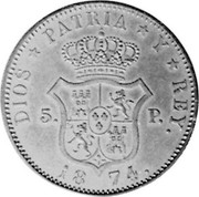 Spain 5 Pesetas Carlos VII 1874 X# PT5 DIOS PATRIA Y REY 5 P 18 74 coin reverse Spain 5 Pesetas Carlos VII 1874 X# PT5 DIOS PATRIA Y REY 5 P 18 74 coin reverse