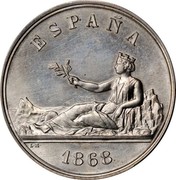 Spain 5 Pesetas Gobierno Provisional 1868 X# A1 1868 ESPAÑA coin obverse Spain 5 Pesetas Gobierno Provisional 1868 X# A1 1868 ESPAÑA coin obverse