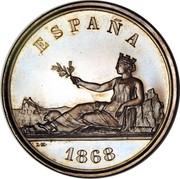Spain 5 Pesetas Provisional Government Trial Strike 1868  KM# Pn10 ESPAÑA 1868 coin obverse Spain 5 Pesetas Provisional Government Trial Strike 1868  KM# Pn10 ESPAÑA 1868 coin obverse