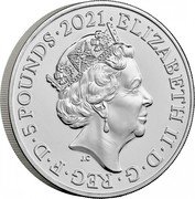 UK 5 Pounds Alice Through the Looking Glass 2021 ELIZABETH II D G REG F D 5 POUNDS 2021 J C coin obverse UK 5 Pounds Alice Through the Looking Glass 2021 ELIZABETH II D G REG F D 5 POUNDS 2021 J C coin obverse