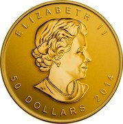 Canada 50 dollars (Maple Leaf special edition high relief) ELIZABETH II 50 DOLLARS 2014 coin obverse Canada 50 dollars (Maple Leaf special edition high relief) ELIZABETH II 50 DOLLARS 2014 coin obverse