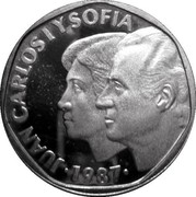 Spain 500 Pesetas 25th Anniversary of the wedding of the King Juan Carlos I and Sofia 1987  Proof KM# TS1 JUAN CARLOS I Y SOFIA.1987. coin obverse Spain 500 Pesetas 25th Anniversary of the wedding of the King Juan Carlos I and Sofia 1987  Proof KM# TS1 JUAN CARLOS I Y SOFIA.1987. coin obverse