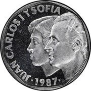 Spain 500 Pesetas 25th Anniversary of the wedding of the King Juan Carlos I and Sofia 1987  Proof KM# TS2 JUAN CARLOS I Y SOFIA 1987 coin obverse Spain 500 Pesetas 25th Anniversary of the wedding of the King Juan Carlos I and Sofia 1987  Proof KM# TS2 JUAN CARLOS I Y SOFIA 1987 coin obverse