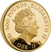 UK 500 Pounds The Queen's Beasts 2021 Proof ELIZABETH II D G REG F D 500 POUNDS J.C coin obverse UK 500 Pounds The Queen's Beasts 2021 Proof ELIZABETH II D G REG F D 500 POUNDS J.C coin obverse