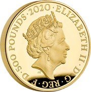 UK 500 Pounds (The Three Graces) ELIZABETH II D G REG F D 500 POUNDS 2020 J.C coin obverse UK 500 Pounds (The Three Graces) ELIZABETH II D G REG F D 500 POUNDS 2020 J.C coin obverse